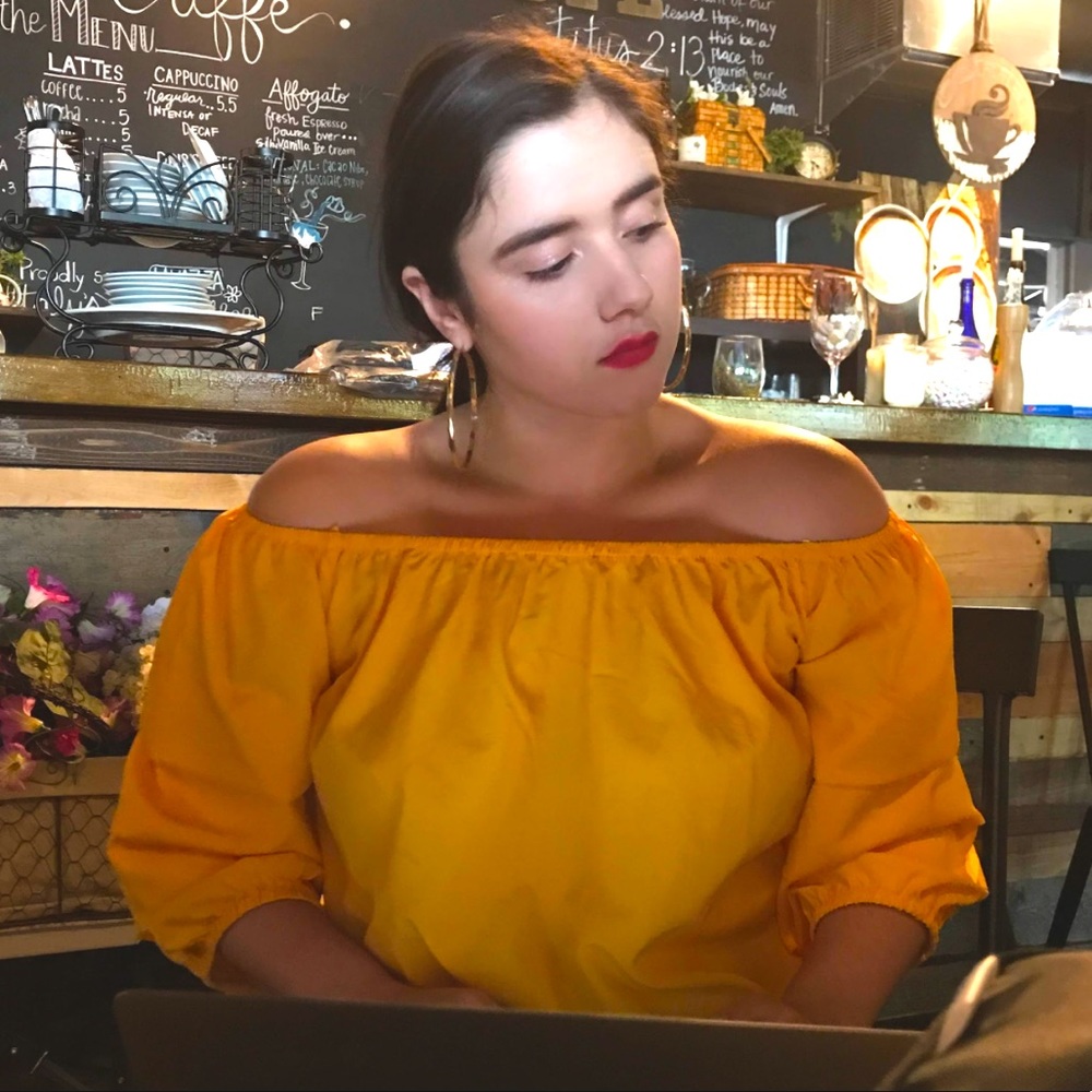 Bardot Style Golden Ruffle Top